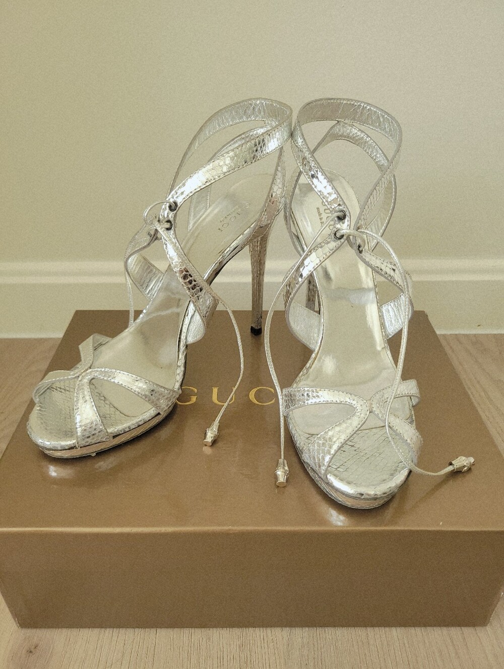 Gucci Metallic Silver Lace-Up High-Heel Sandals -Size 39